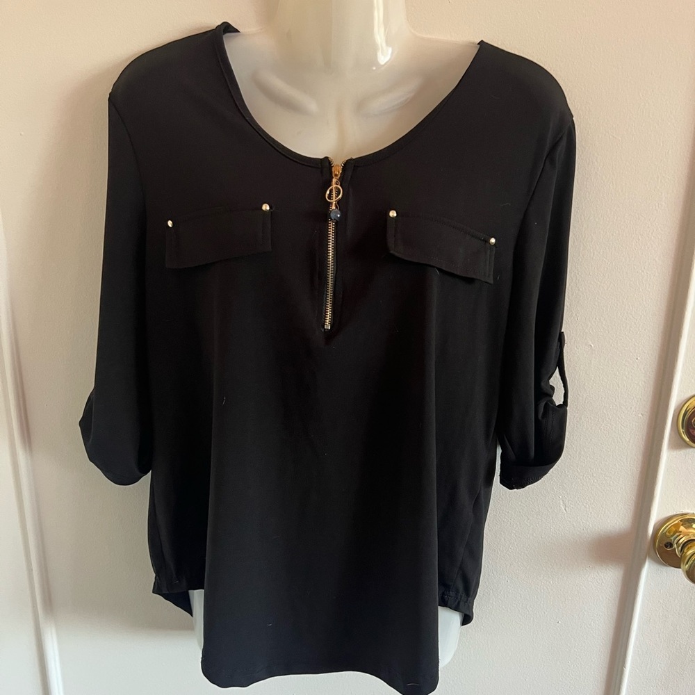 Black Blouse with Gold Zipper 3/4 Sleeve